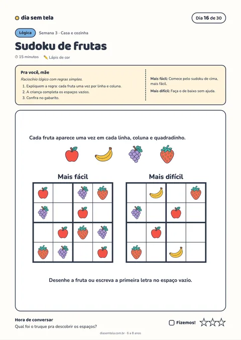 Página Sudoku de frutas para crianças de 6 a 8 anos